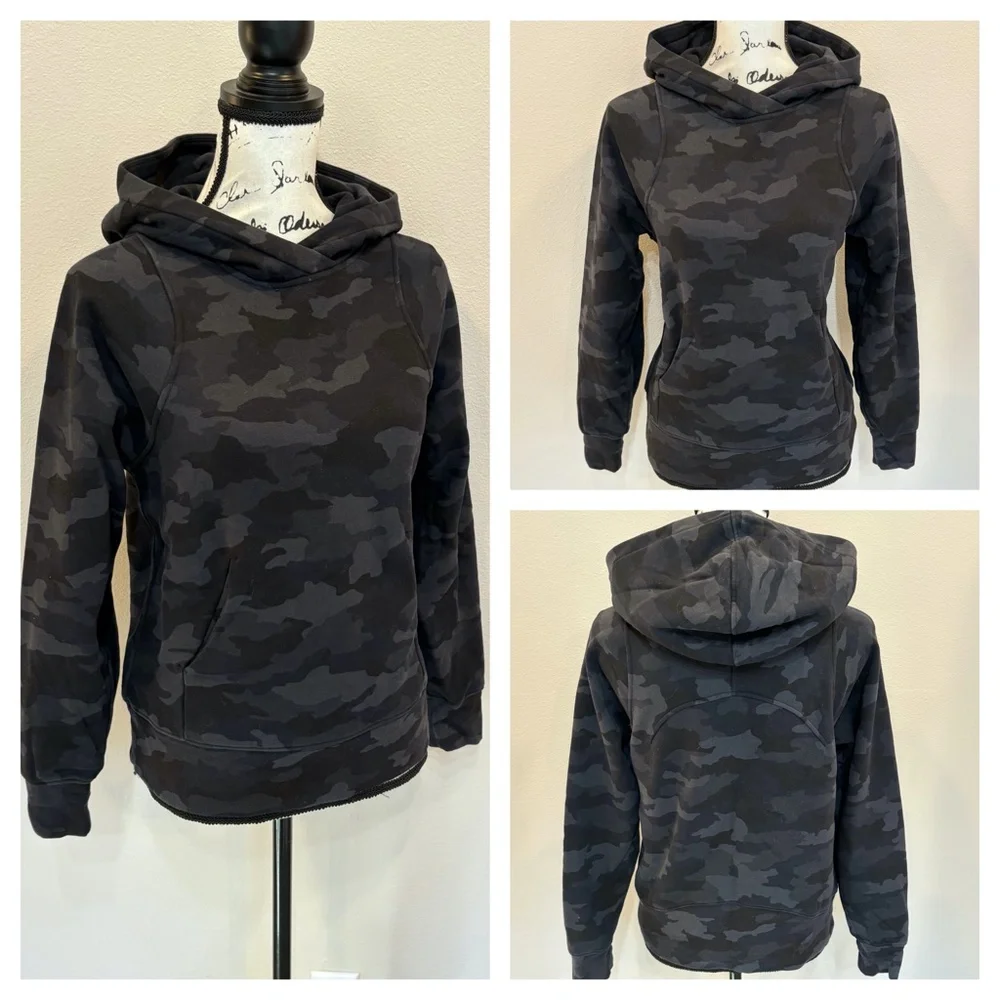 Lululemon Loungeful Hoodie Fleece Sweatshirt Heritage Camo Deep Coal Black sz 4